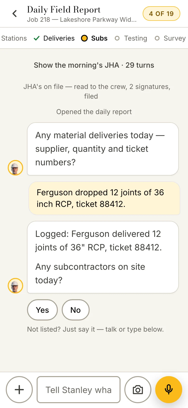 The daily report conversation on a phone: a delivery is said once and Stanley logs it